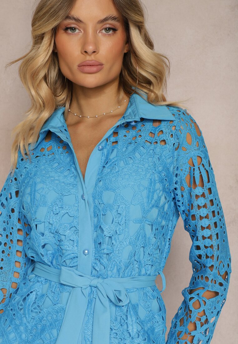 elsa.m by may Rochie Koszulowa Mini Albastră din dantelă ajurată și cu centură Norila