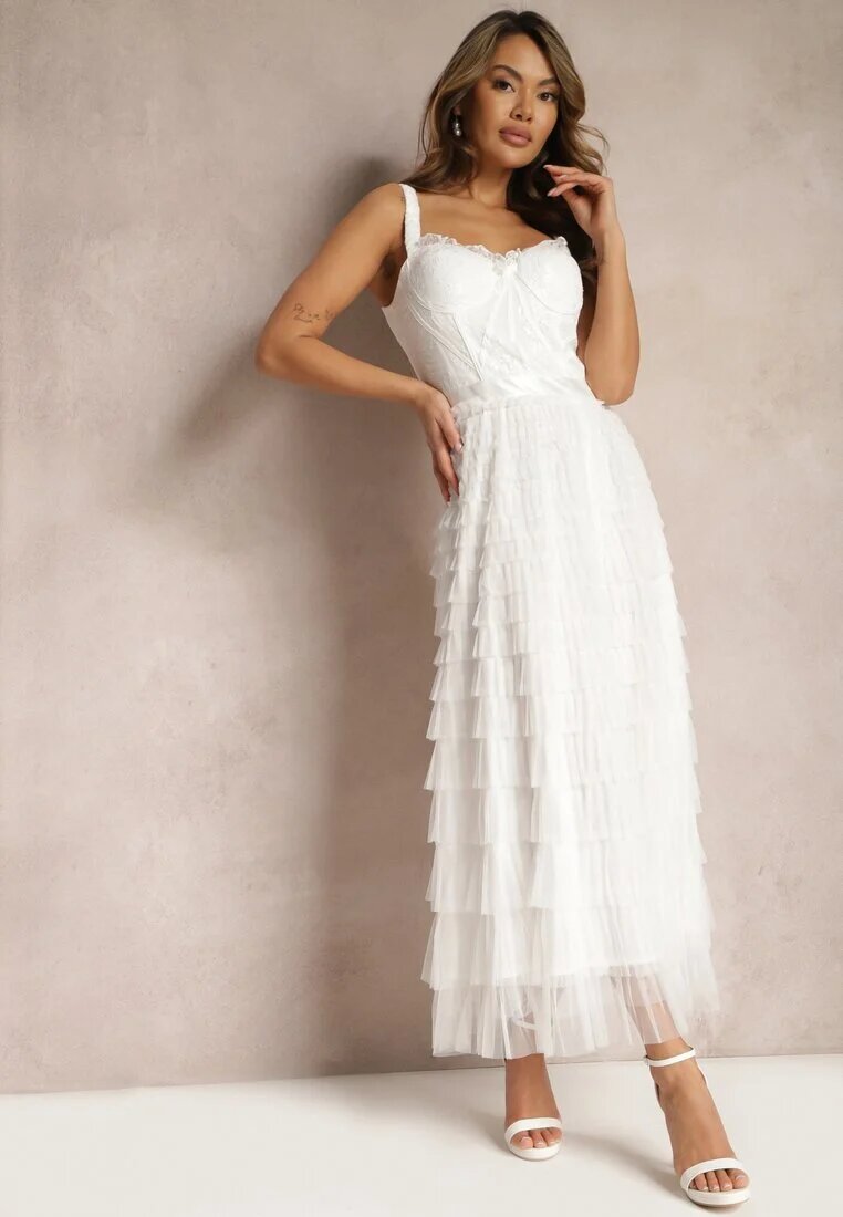 elsa.m by may Rochie Maxi Albă Cloș cu Bretele și Corset în Partea de Sus Ocartia