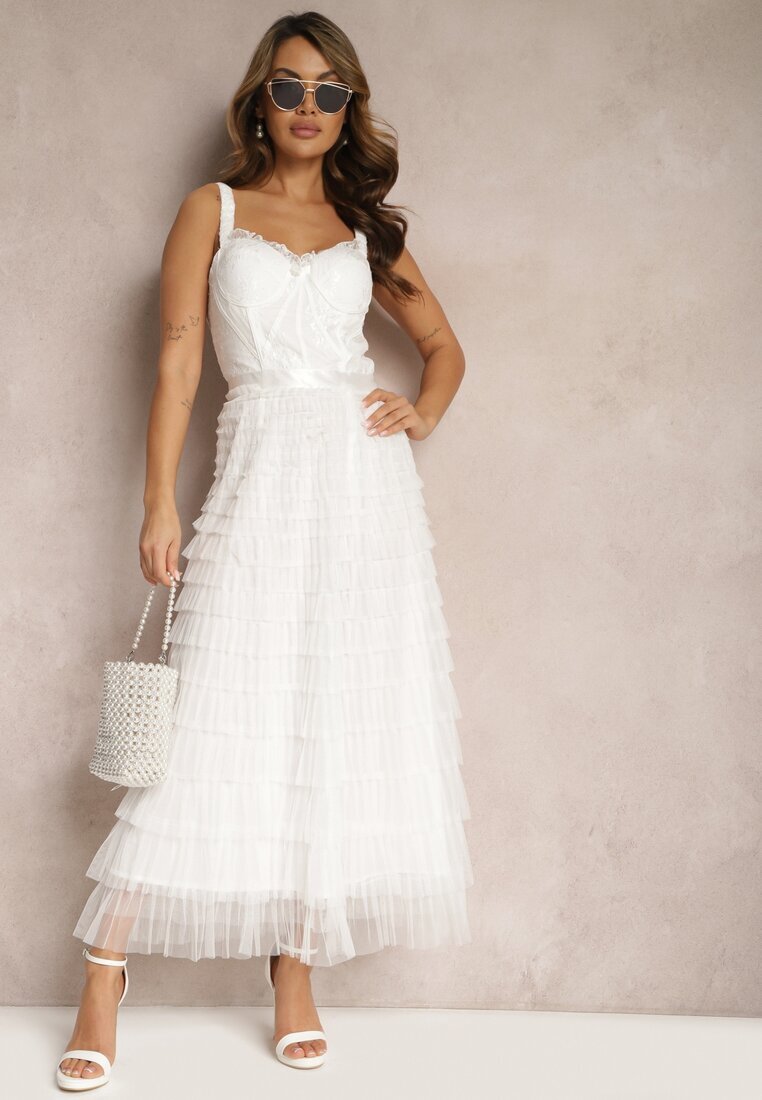 elsa.m by may Rochie Maxi Albă Cloș cu Bretele și Corset în Partea de Sus Ocartia