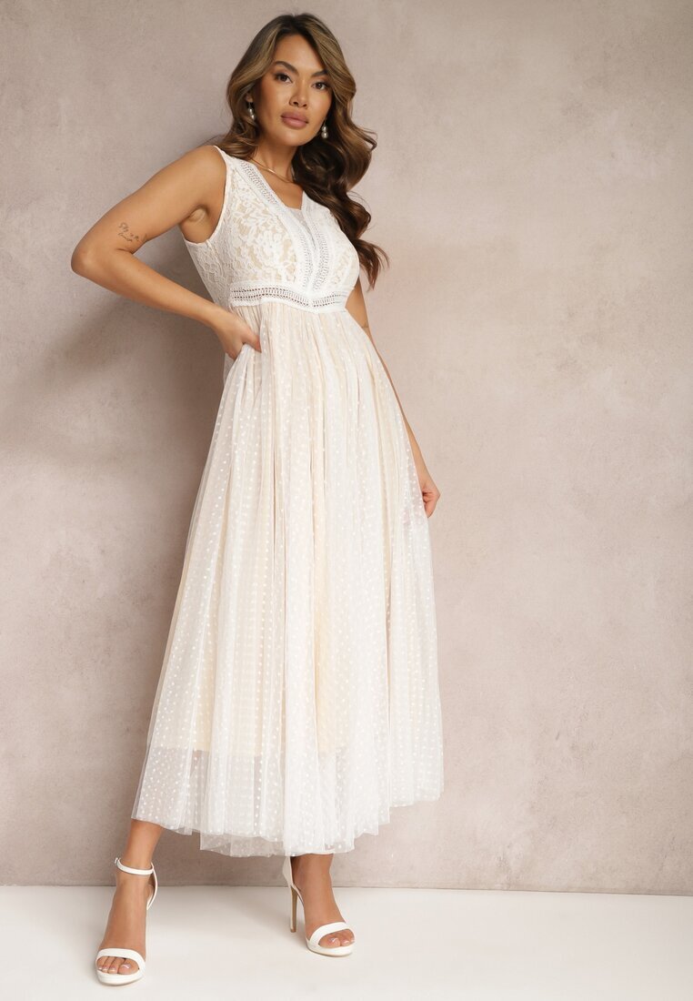 elsa.m by may Rochie Maxi Albă cu croială evazată cu Dantelă și Tul Herdolia