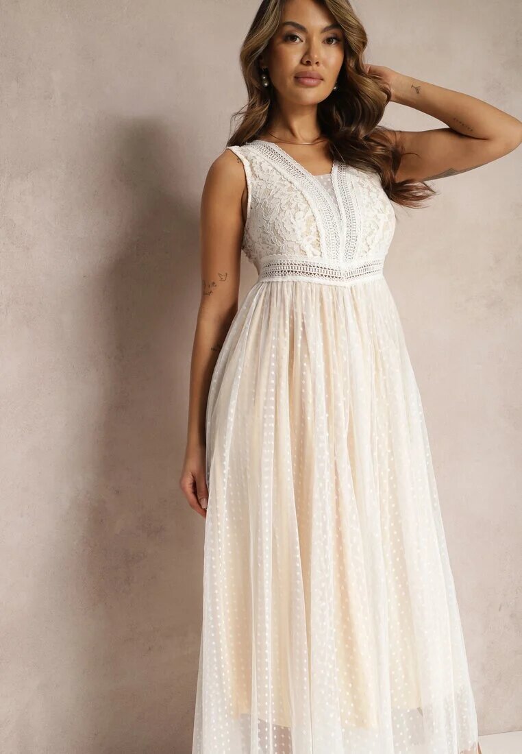elsa.m by may Rochie Maxi Albă cu croială evazată cu Dantelă și Tul Herdolia