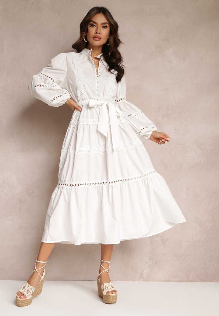 elsa.m by may Rochie midi Albă cu nasturi și dantelă Feralo