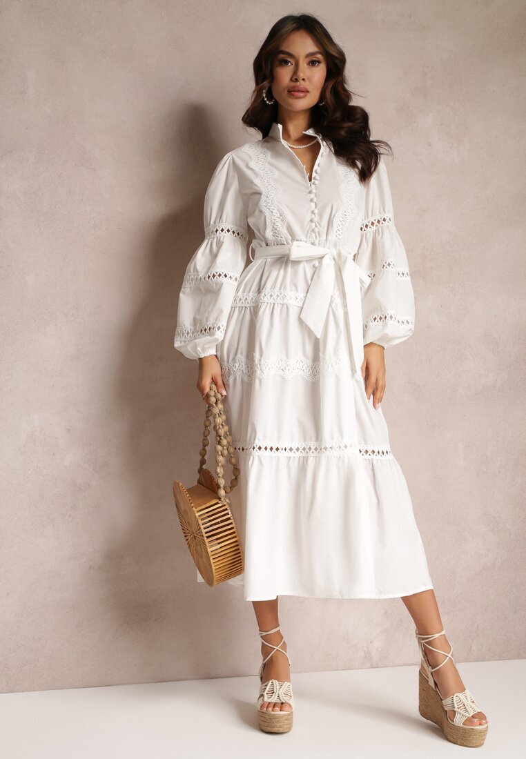 elsa.m by may Rochie midi Albă cu nasturi și dantelă Feralo