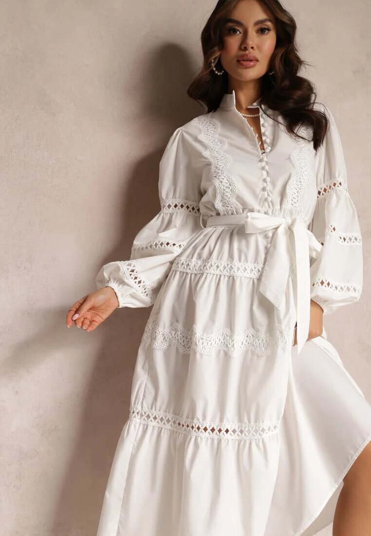 elsa.m by may Rochie midi Albă cu nasturi și dantelă Feralo
