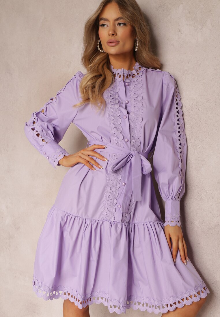 elsa.m by may Rochie Midi Violet Deschis cu Inserții Ajurate și Curea Legată Hudo