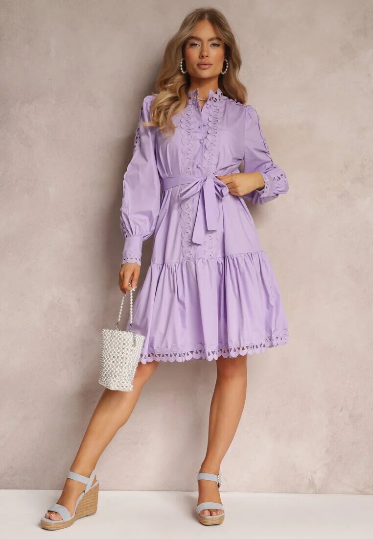 elsa.m by may Rochie Midi Violet Deschis cu Inserții Ajurate și Curea Legată Hudo