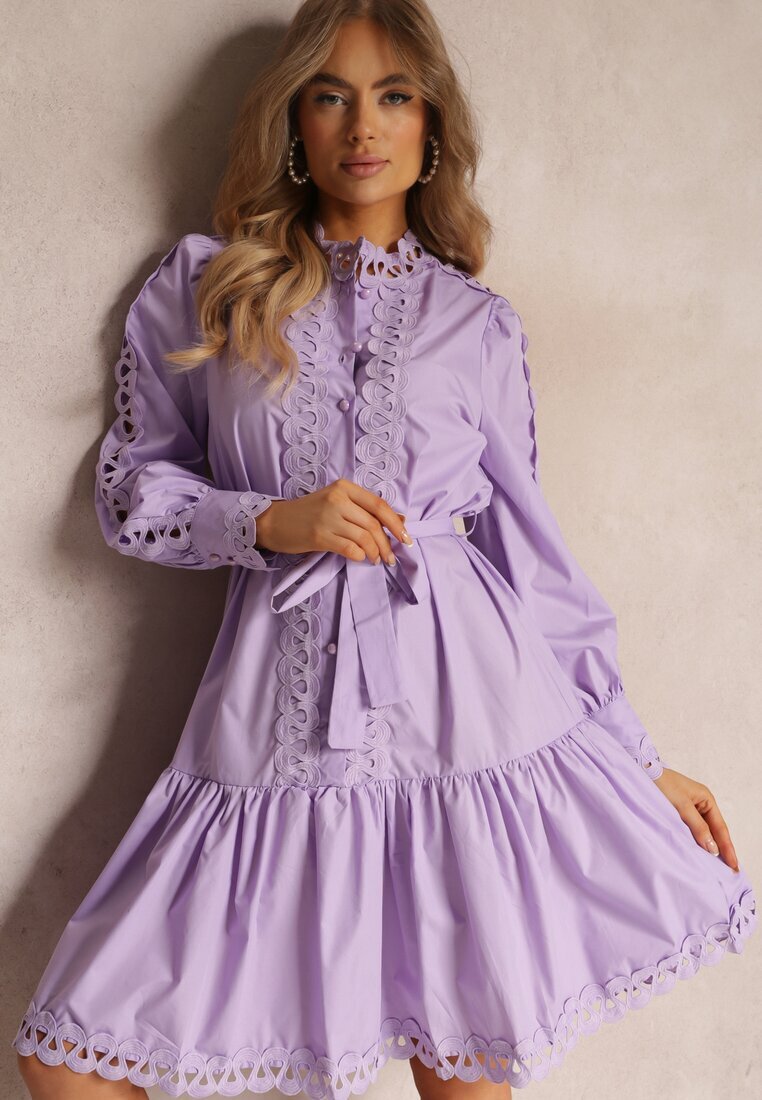 elsa.m by may Rochie Midi Violet Deschis cu Inserții Ajurate și Curea Legată Hudo