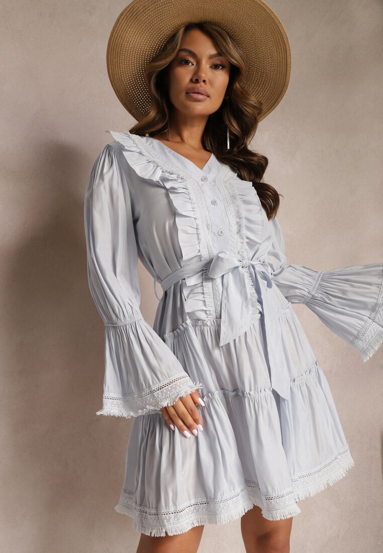 elsa.m by may Rochie Mini Albastră cu croi evazat cu volane și curea din material în talie Fiorfa