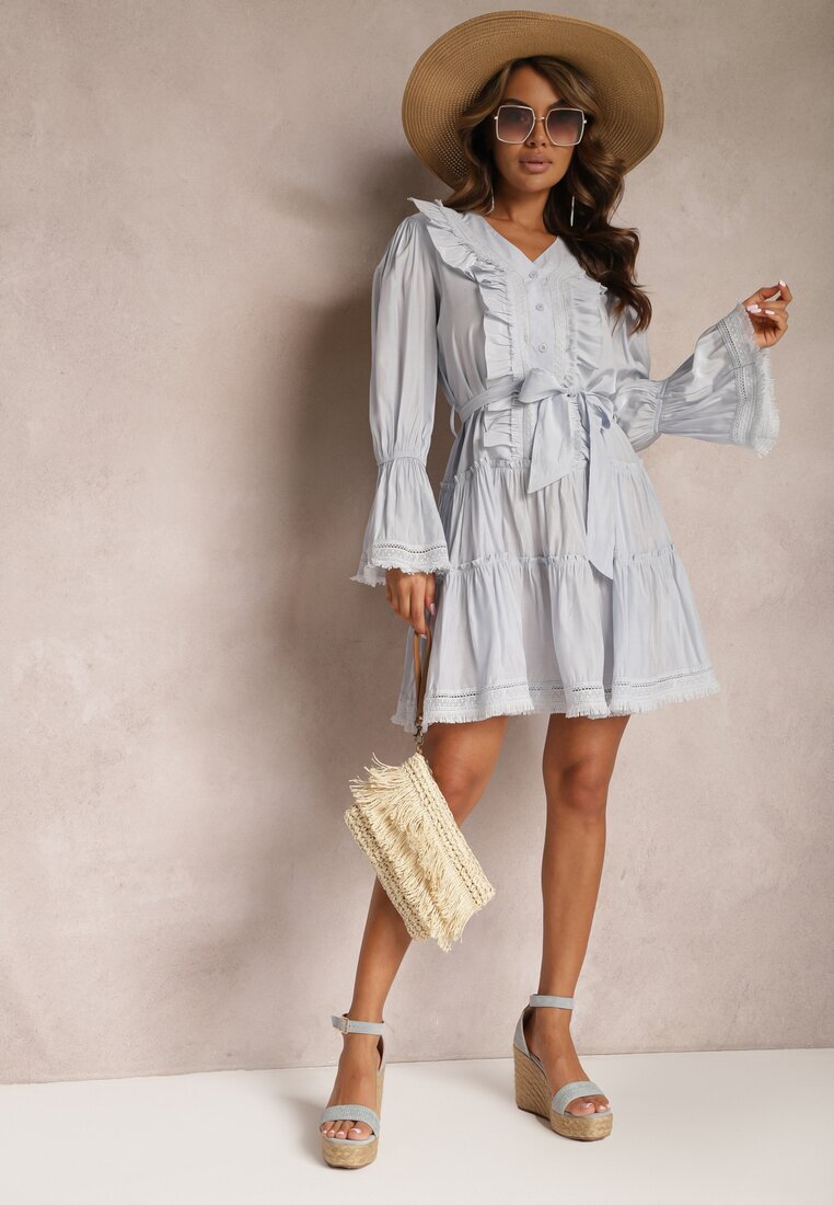 elsa.m by may Rochie Mini Albastră cu croi evazat cu volane și curea din material în talie Fiorfa