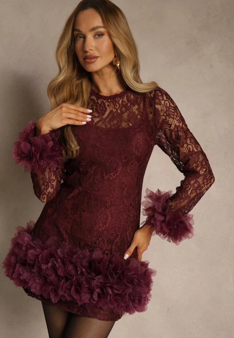elsa.m by may Rochie mulată de cocktail din dantelă bordo cu aplicații din tul Kretalia
