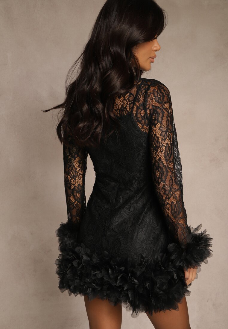 elsa.m by may Rochie mulată din dantelă de cocktail neagră cu aplicații din tul Kretalia