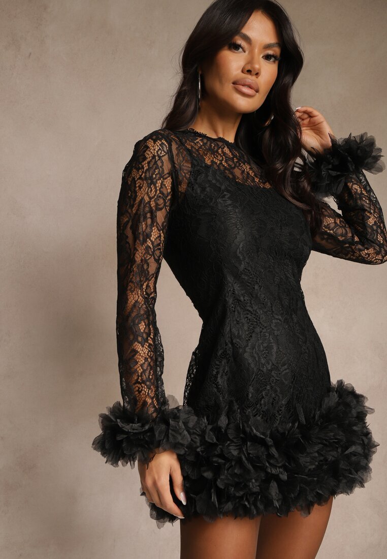 elsa.m by may Rochie mulată din dantelă de cocktail neagră cu aplicații din tul Kretalia
