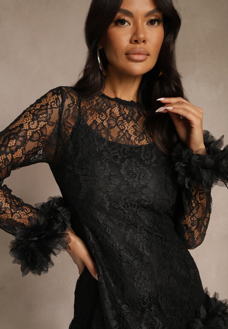 elsa.m by may Rochie mulată din dantelă de cocktail neagră cu aplicații din tul Kretalia