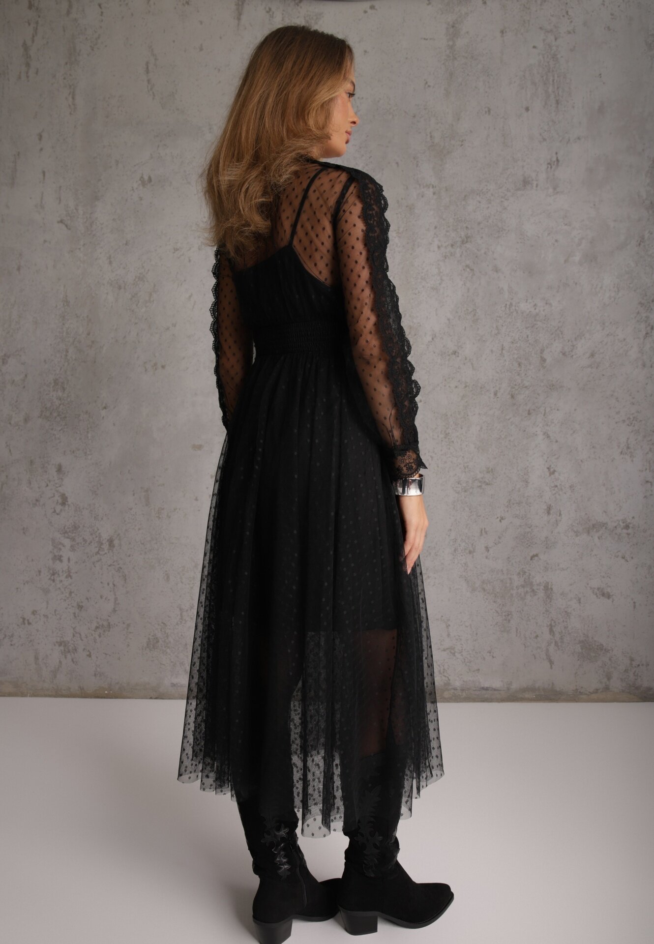 elsa.m by may Rochie Neagră Cloș Midi din Tulle cu Dantelă Rislaine