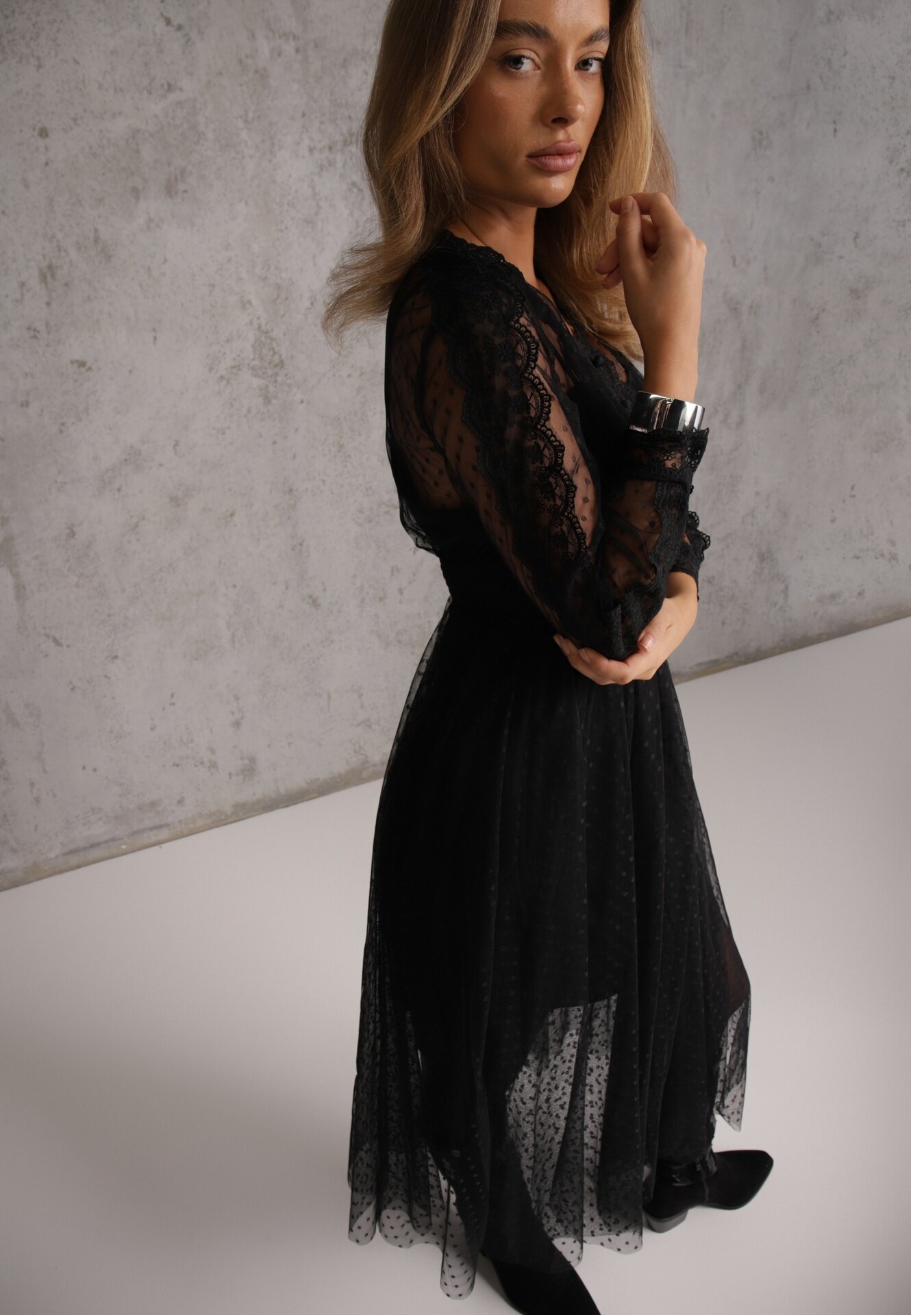 elsa.m by may Rochie Neagră Cloș Midi din Tulle cu Dantelă Rislaine