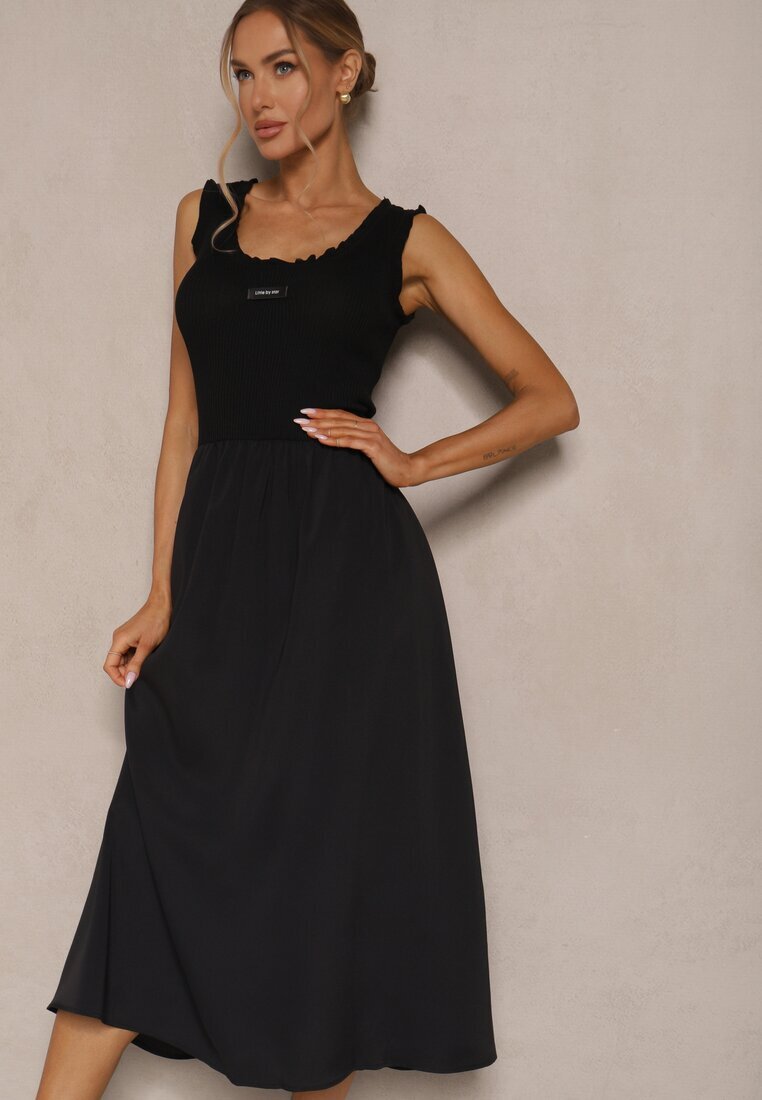 elsa.m by may Rochie Neagră Evazată din Viscoză Decorată cu o Aplicație Ronlina