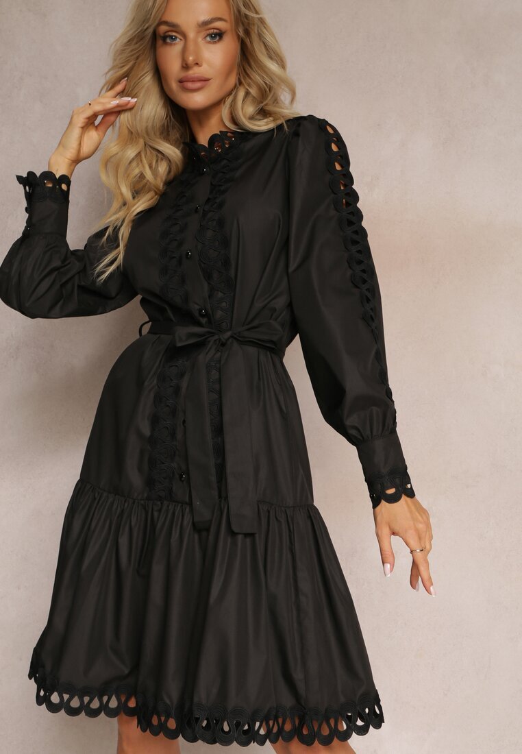 elsa.m by may Rochie neagră midi cu inserții ajurate și cordon de legat Hudo