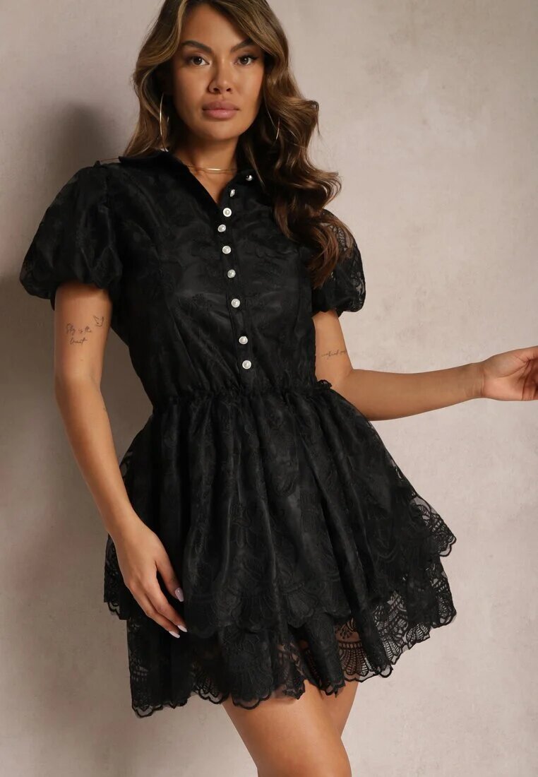 elsa.m by may Rochie Neagră Mini cu Mâneci Bufante și Nasturi Decorată cu Dantelă Florală Eia