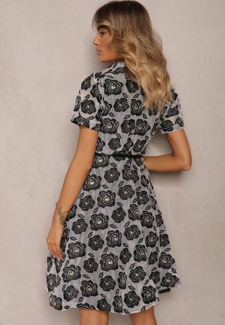 elsa.m by may Rochie Negru-Gri De Cocktail Cambrată Stil Cămașă Decorată cu o Cureaua cu o Perlă Vimalette