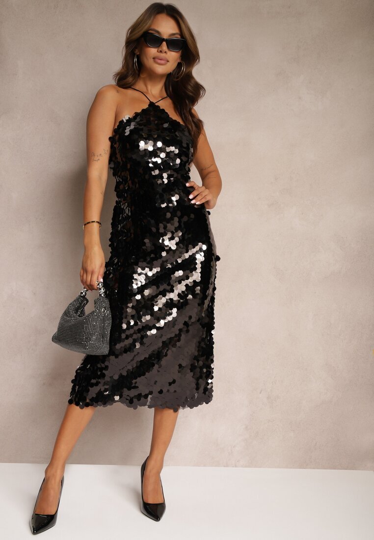 elsa.m by may Rochie paietată neagră cu croială asimetrică și legătură decorativă la spate Leriseli
