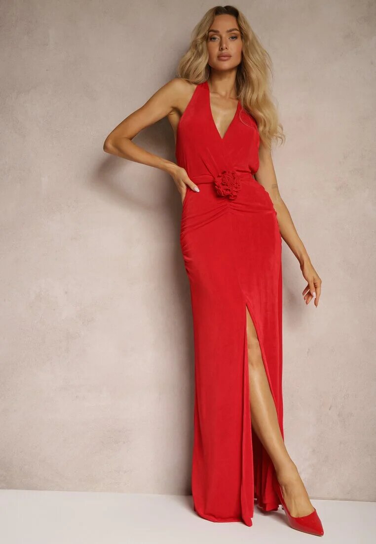 elsa.m by may Rochie roșie cu decolteu Halter și drapaj în formă de trandafir Tarithia