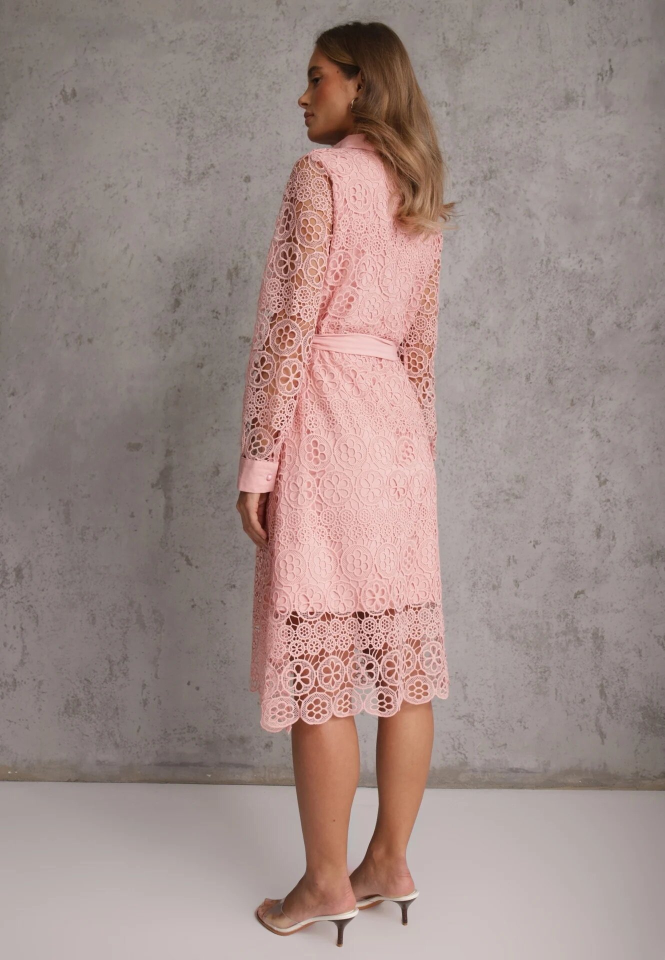elsa.m by may Rochie Roz Evazată Midi Decorată cu Dantelă cu Cordon în Talie Sailla