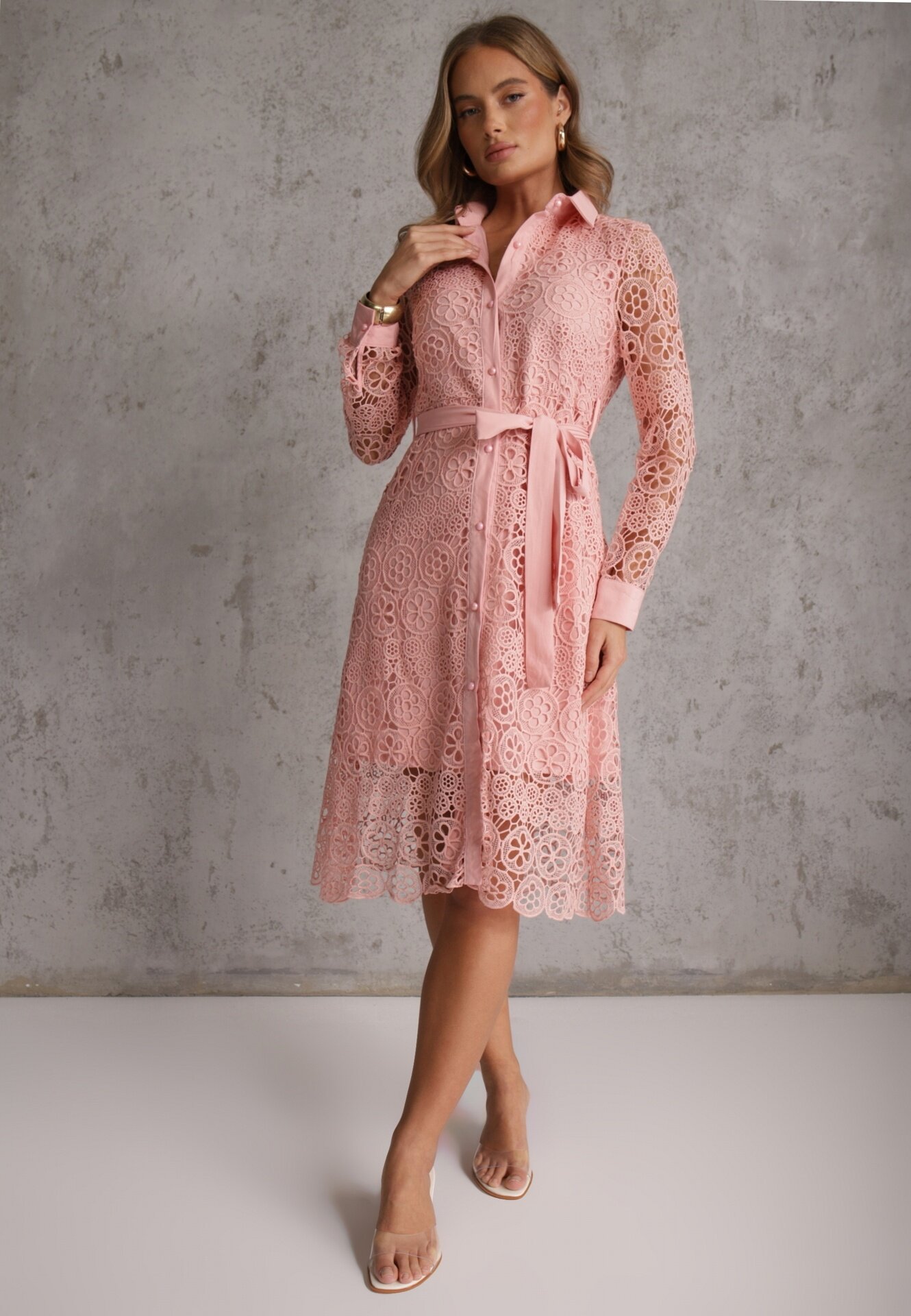 elsa.m by may Rochie Roz Evazată Midi Decorată cu Dantelă cu Cordon în Talie Sailla
