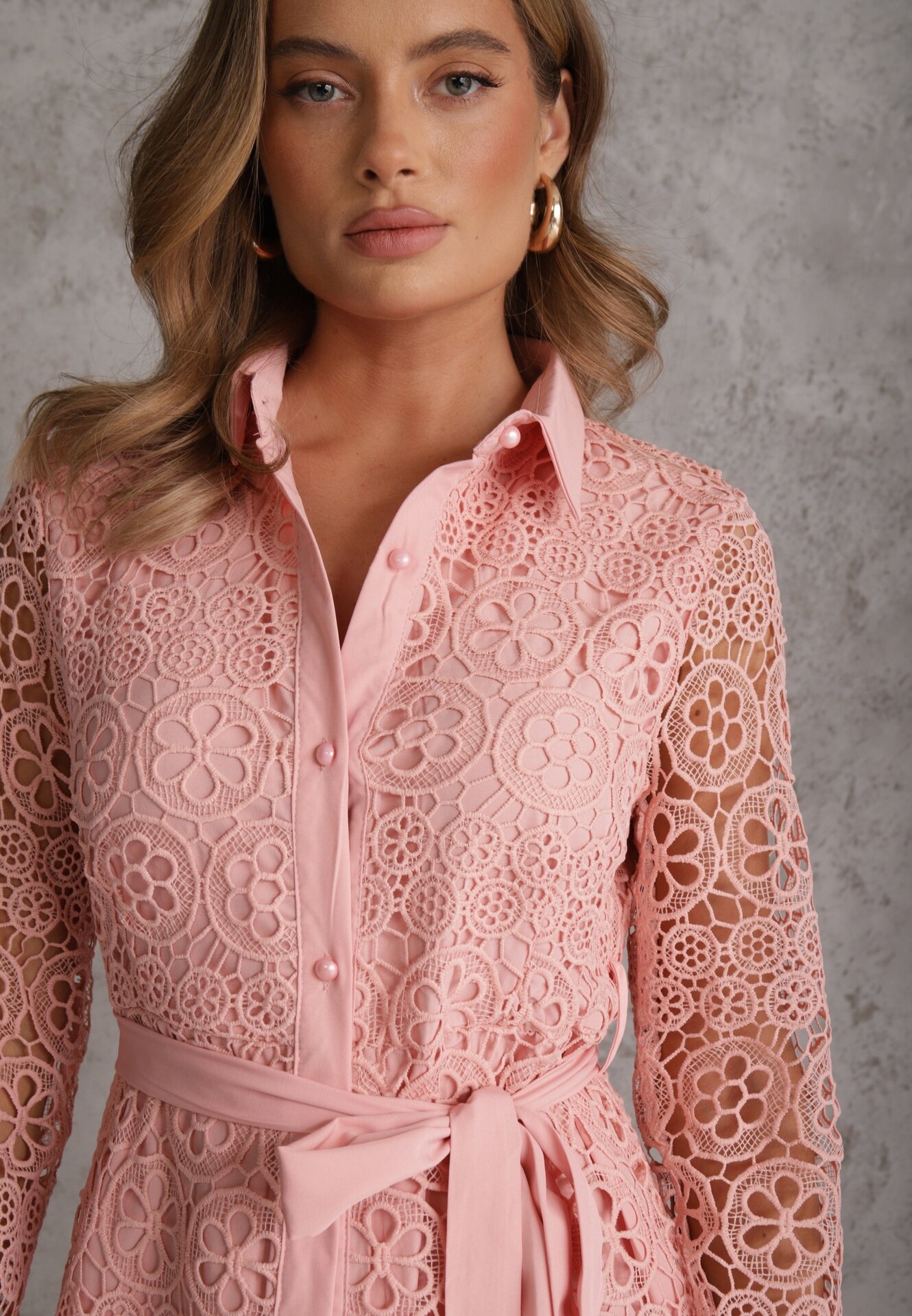 elsa.m by may Rochie Roz Evazată Midi Decorată cu Dantelă cu Cordon în Talie Sailla