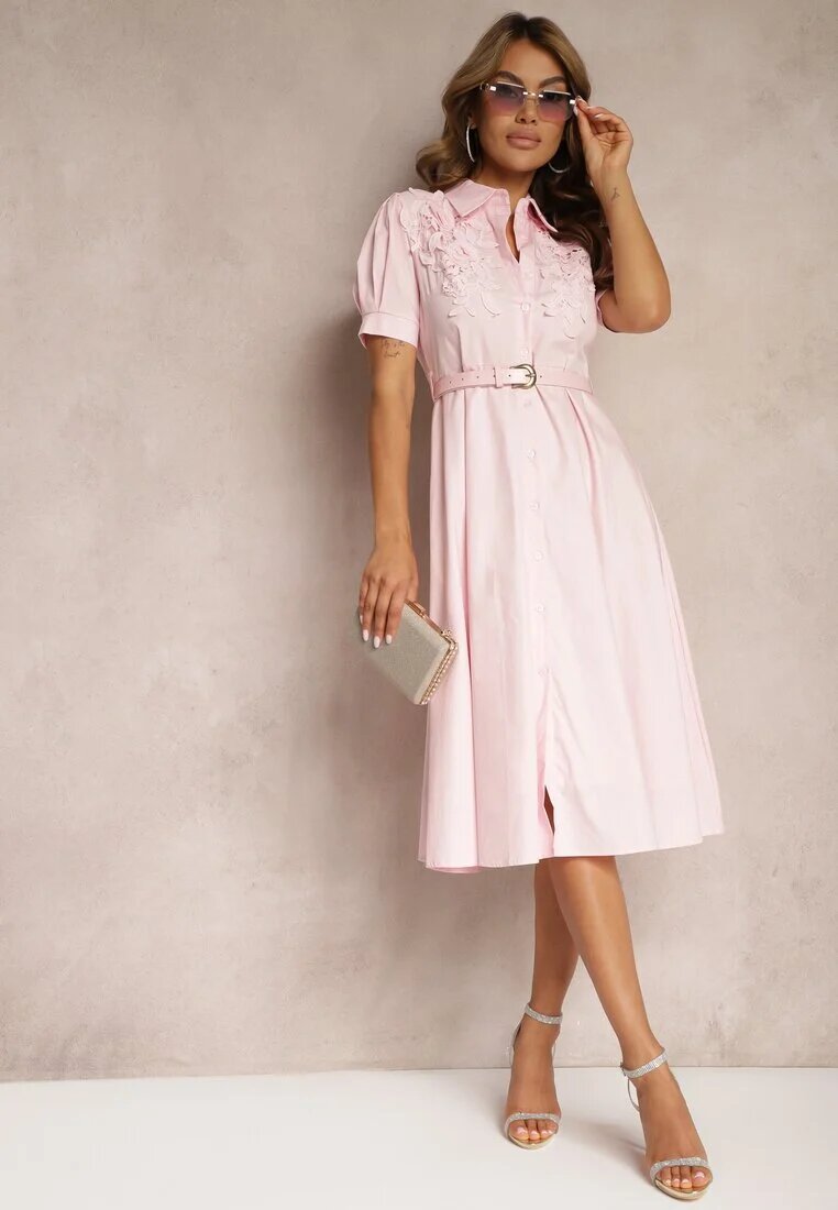 elsa.m by may Rochie Roz Stil Cămașă cu Curea Decorată cu Dantelă Ilidia