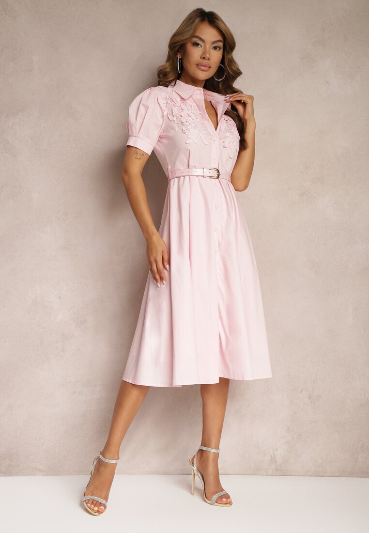 elsa.m by may Rochie Roz Stil Cămașă cu Curea Decorată cu Dantelă Ilidia