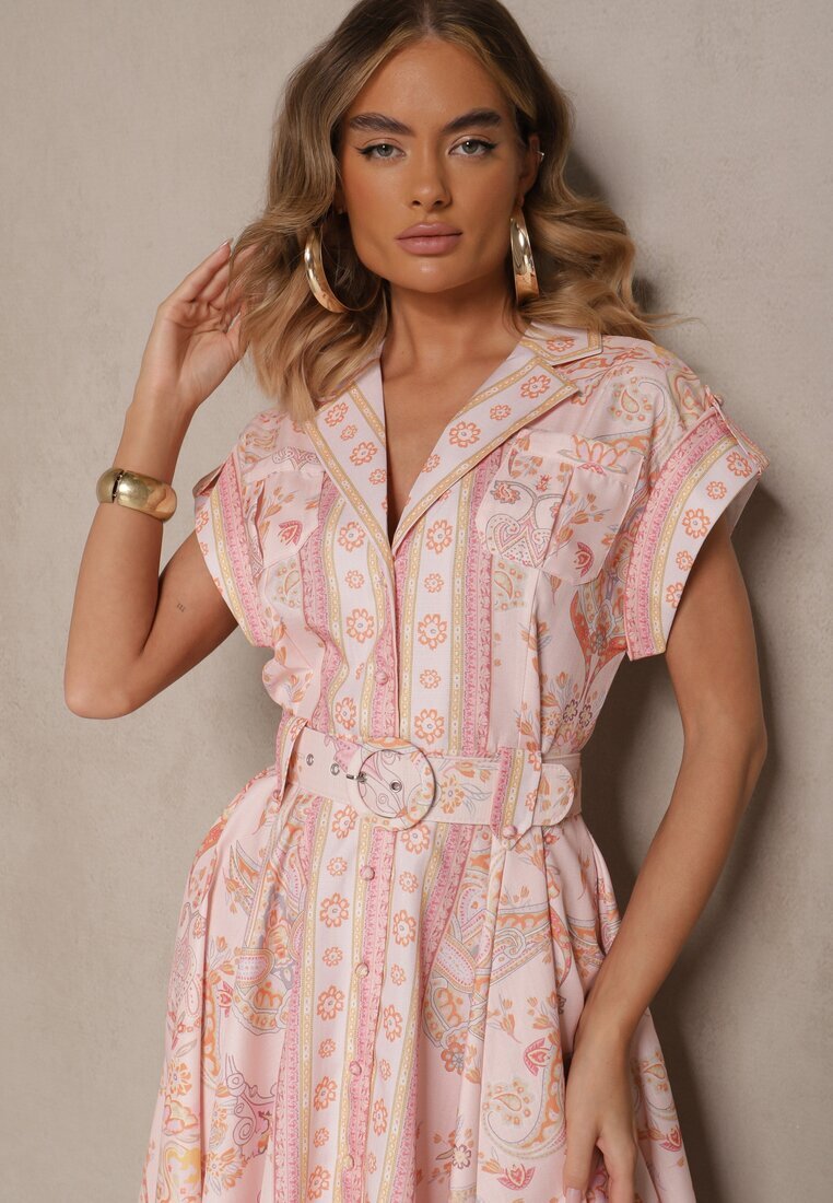 elsa.m by may Rochie Roză din In și Viscoză cu Croi Tip Cămașă cu Curea cu Cataramă Aluvanna