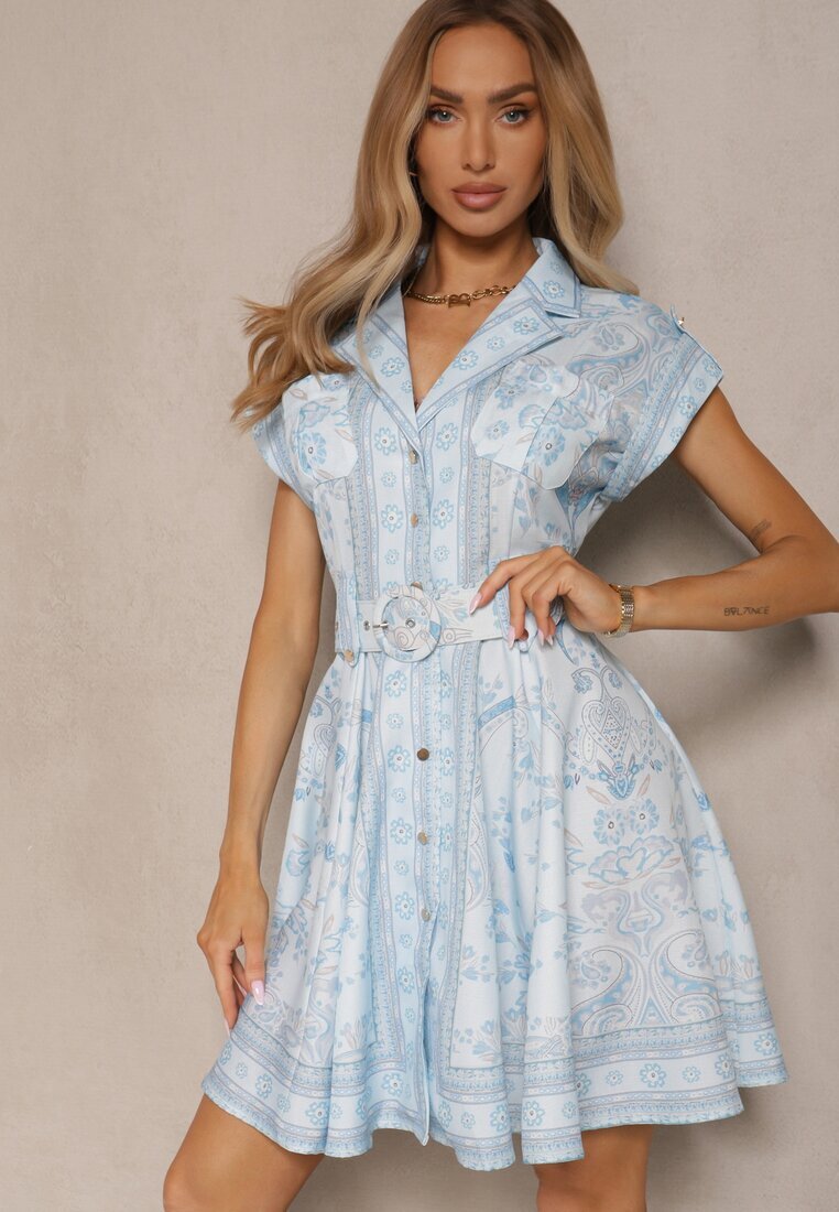elsa.m by may Rochie tip cămașă Albastră din Viscoză cu Curea cu Cataramă Nitalana