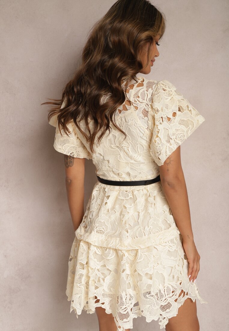 elsa.m by may Rochie tip cămașă bej deschis midi cu dantelă ajurată și curea Silira
