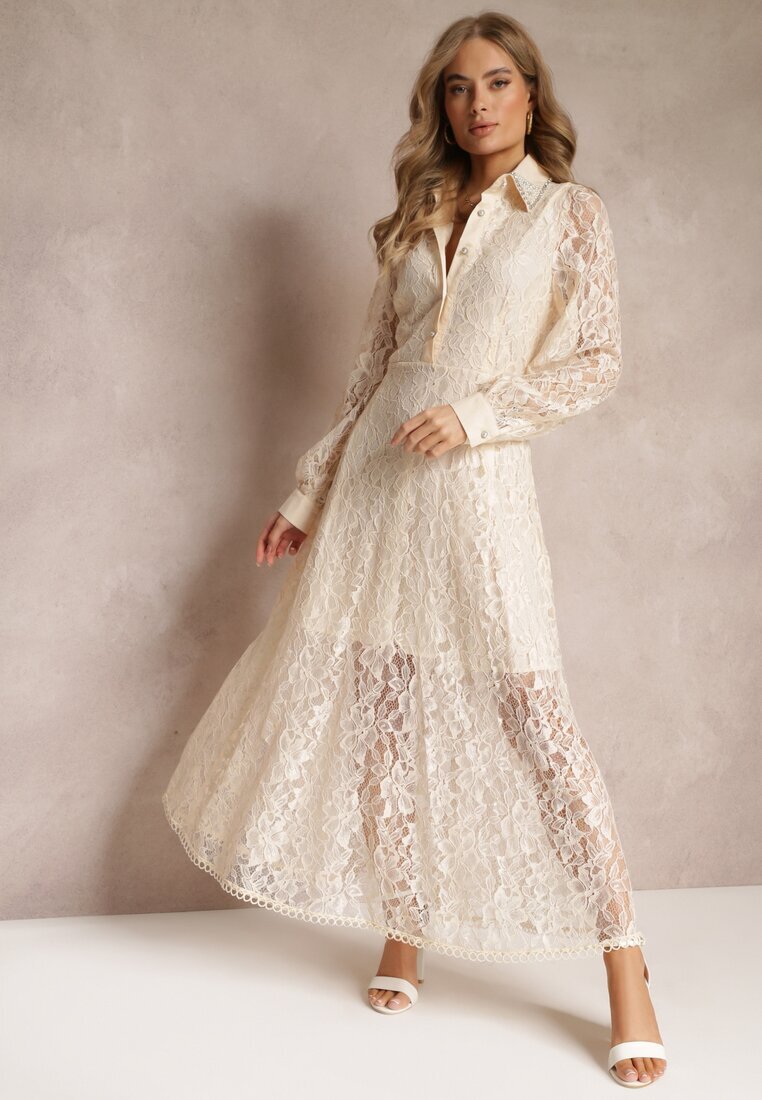 elsa.m by may Rochie tip cămașă Maxi Bej cu Nasturi Decorativi și Zirconii din Țesătură de Dantelă Armina