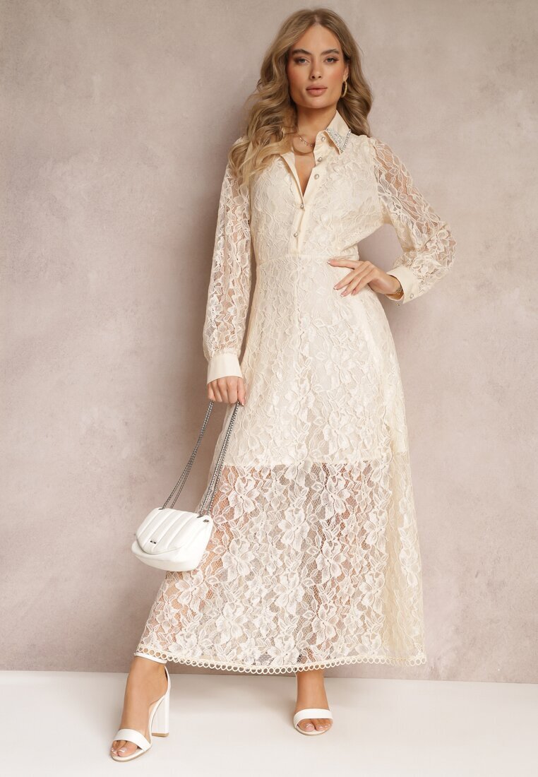 elsa.m by may Rochie tip cămașă Maxi Bej cu Nasturi Decorativi și Zirconii din Țesătură de Dantelă Armina