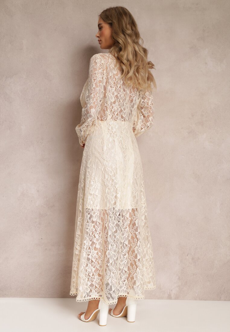 elsa.m by may Rochie tip cămașă Maxi Bej cu Nasturi Decorativi și Zirconii din Țesătură de Dantelă Armina