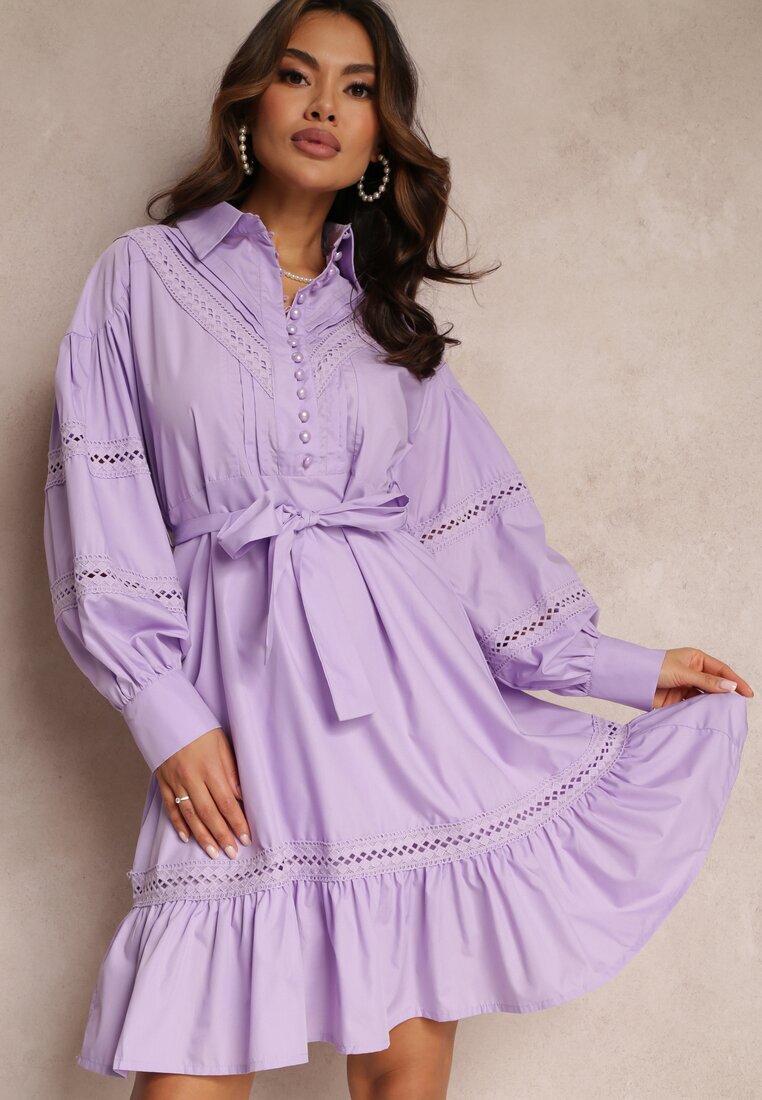 elsa.m by may Rochie Tip Cămașă Violetă cu nasturi de perle și inserții din dantelă Shyanne
