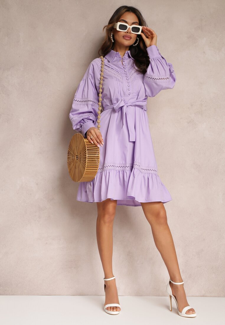 elsa.m by may Rochie Tip Cămașă Violetă cu nasturi de perle și inserții din dantelă Shyanne
