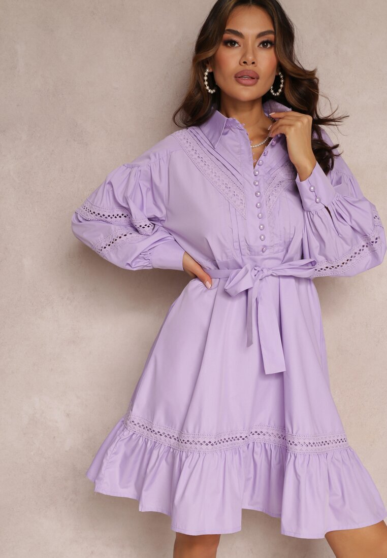 elsa.m by may Rochie Tip Cămașă Violetă cu nasturi de perle și inserții din dantelă Shyanne