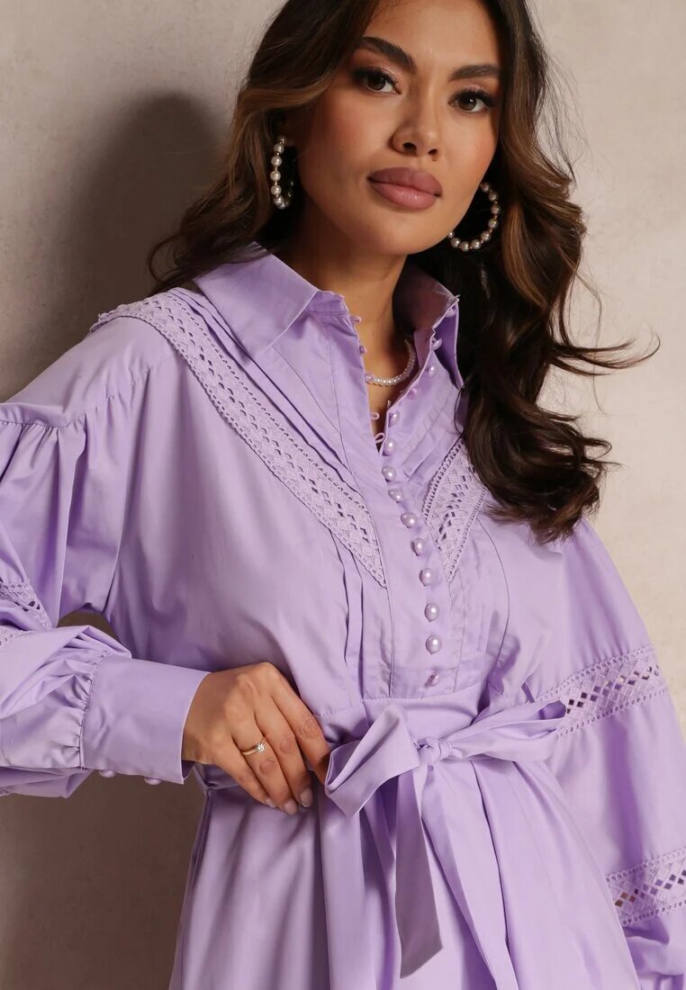elsa.m by may Rochie Tip Cămașă Violetă cu nasturi de perle și inserții din dantelă Shyanne