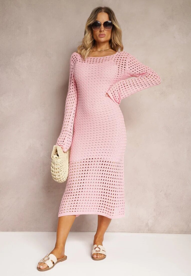 elsa.m by may Rochie tricotată midi Roz în stil Boho cu Decolteu Adânc la Spate Moralie