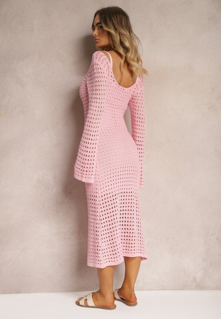 elsa.m by may Rochie tricotată midi Roz în stil Boho cu Decolteu Adânc la Spate Moralie