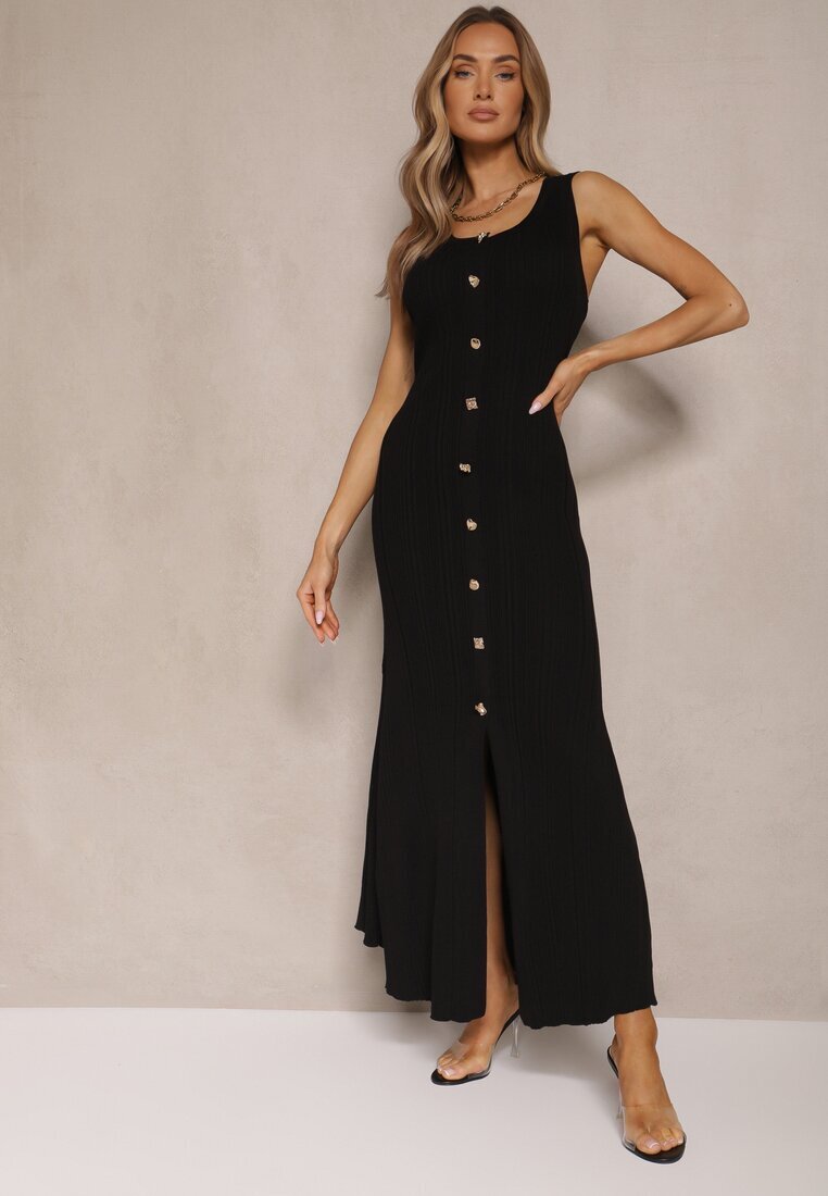 elsa.m by may Rochie Tricotată Neagră din Vâscoză Decorată cu nasturi Lunioris