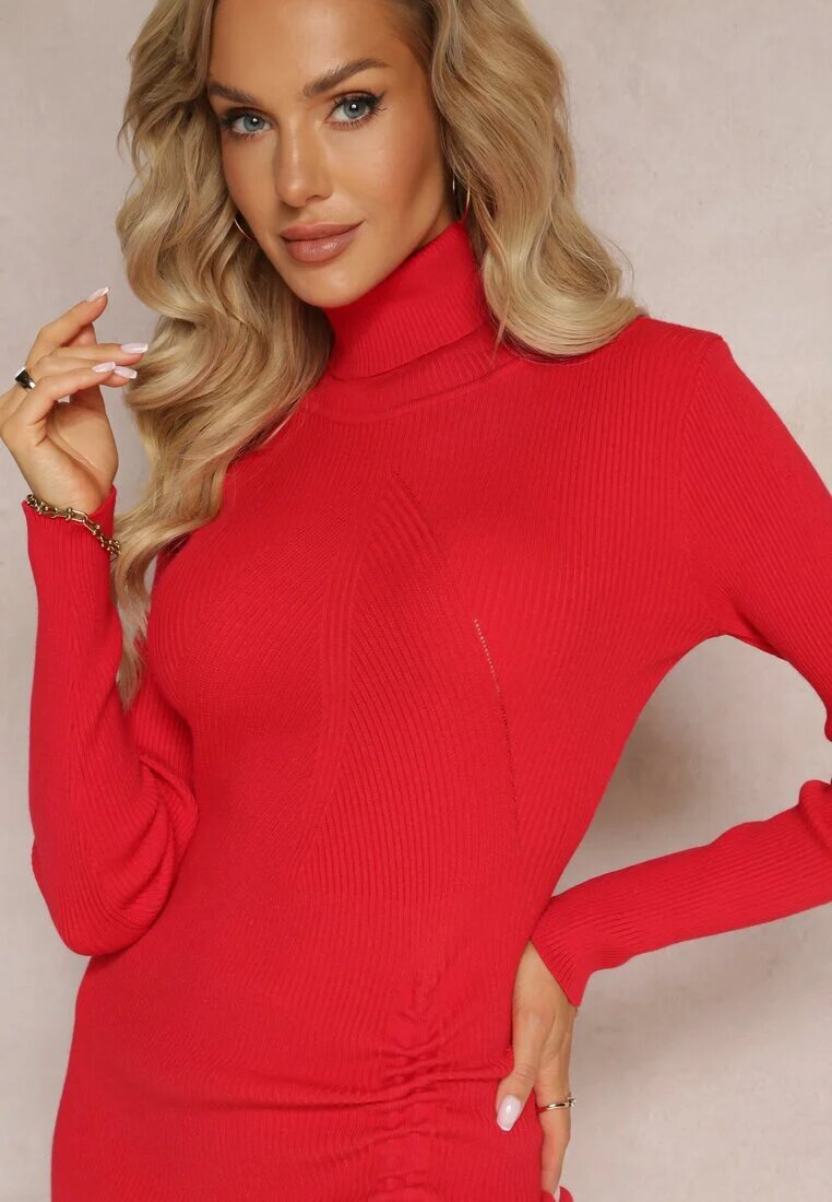 elsa.m by may Rochie Tricotată Roșie Midi cu Fentă cu Șnur și Maletă Amione