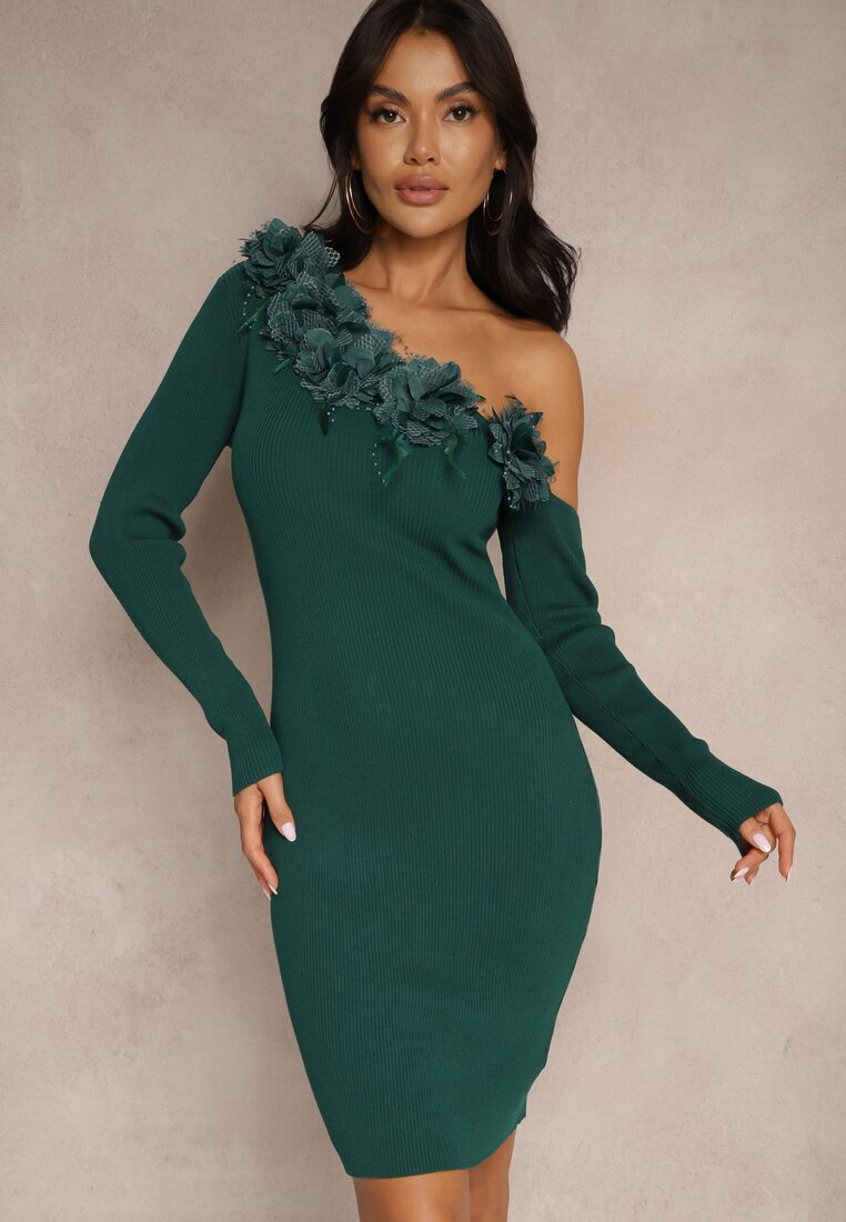 elsa.m by may Rochie Verde Asimetrică Rebrată cu Viscoză Decorată cu Pene și Flori 3D Neldari