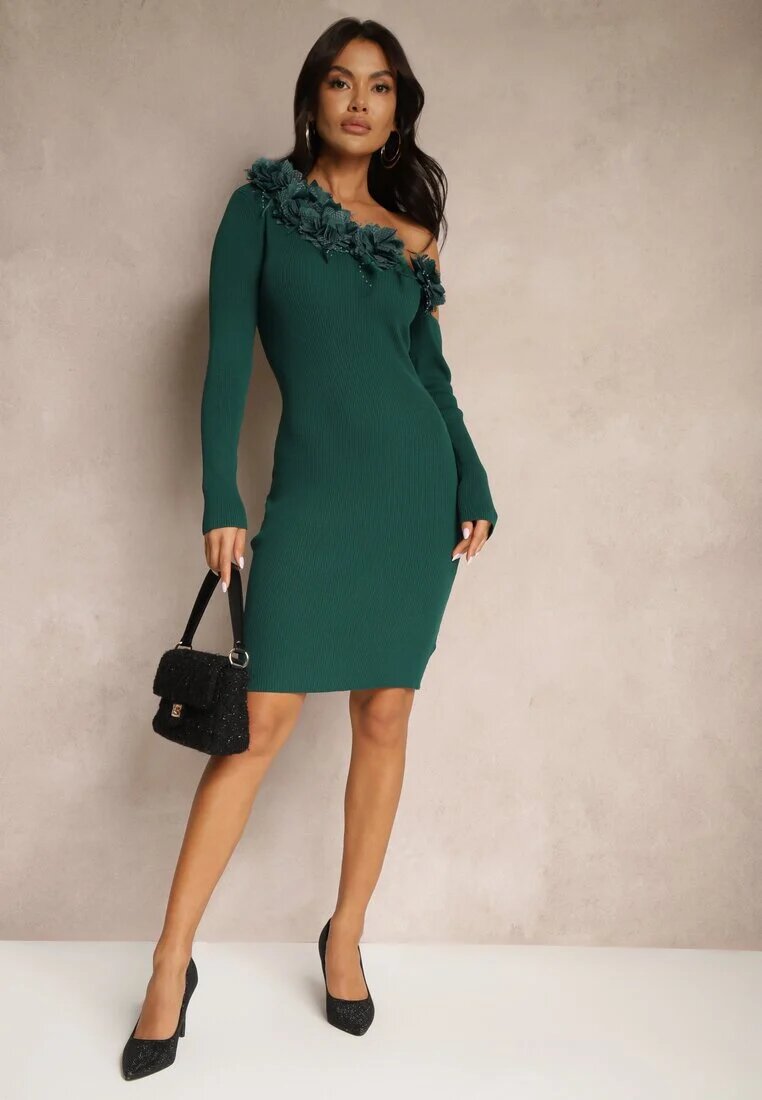 elsa.m by may Rochie Verde Asimetrică Rebrată cu Viscoză Decorată cu Pene și Flori 3D Neldari