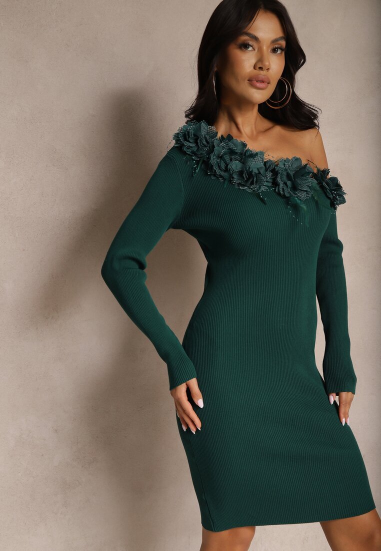 elsa.m by may Rochie Verde Asimetrică Rebrată cu Viscoză Decorată cu Pene și Flori 3D Neldari