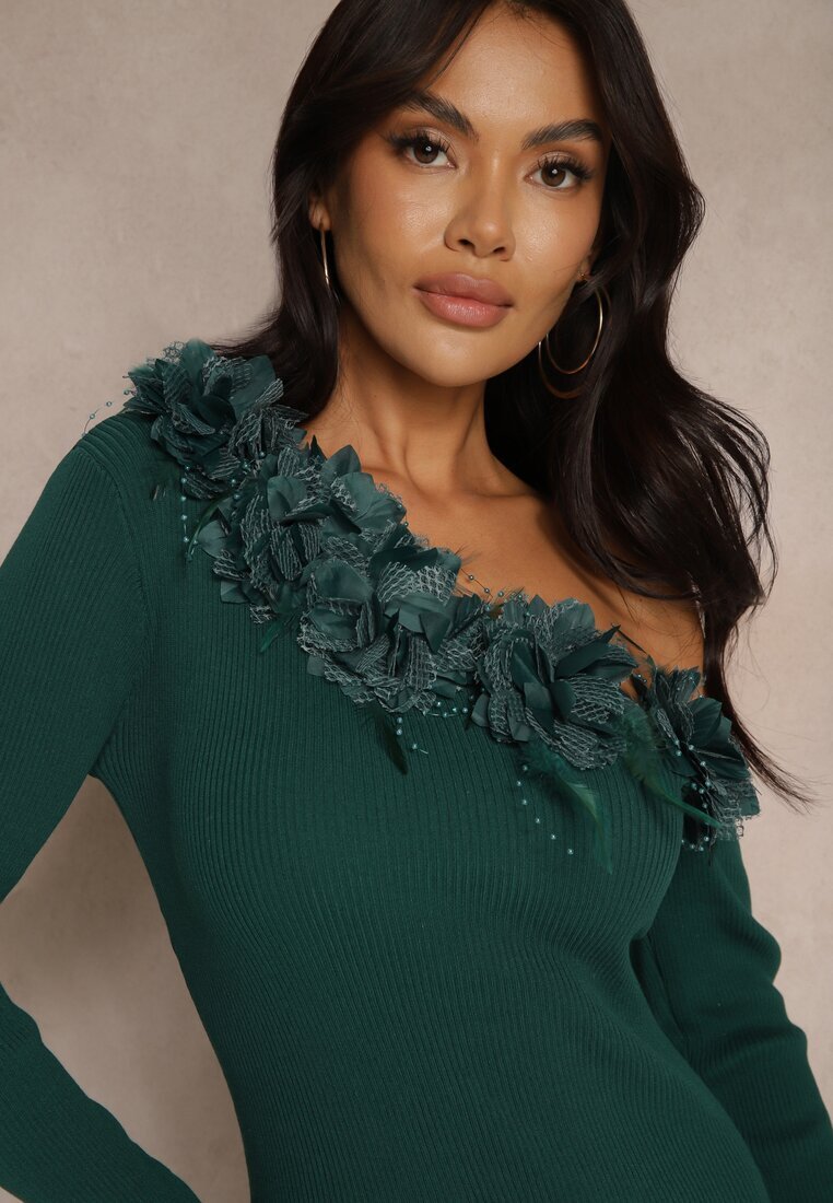 elsa.m by may Rochie Verde Asimetrică Rebrată cu Viscoză Decorată cu Pene și Flori 3D Neldari