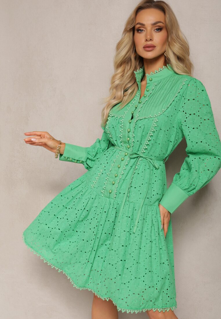 elsa.m by may Rochie Verde Decorată cu broderie și nasturi perlați cu Guler înalt Wialon