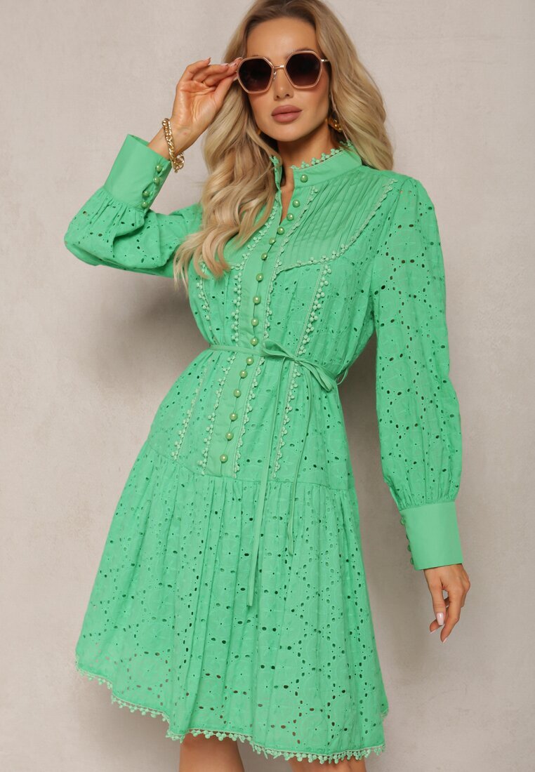 elsa.m by may Rochie Verde Decorată cu broderie și nasturi perlați cu Guler înalt Wialon